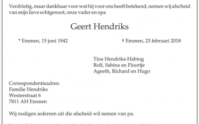 Oud trainer v.v. Schoonebeek Geert Hendriks overleden