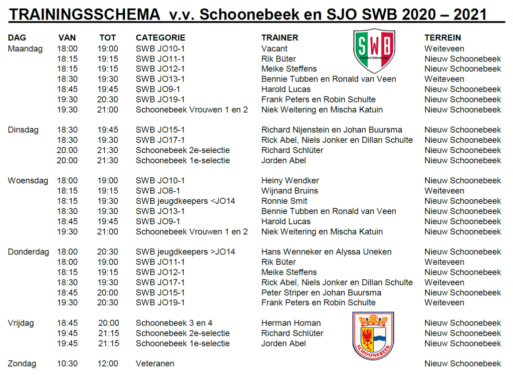 Trainingsschema v.v. Schoonebeek en SWB